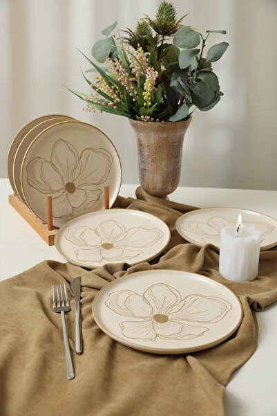 moontime alaçatı Taupe Bloom Nordıc Pasta Tabağı 22 cm, 6’lı set, şık ve daya...