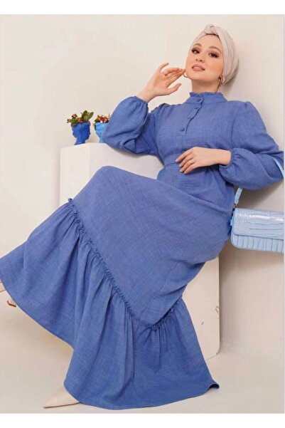 modasindoma Γυναικείο φόρεμα με γιακά Judge Λινό Μπλε