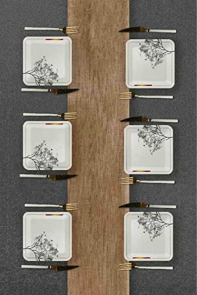 moontime alaçatı Şık Seramik Dilek Ağacı Desenli 6 Kişilik Pasta Seti, Servis...