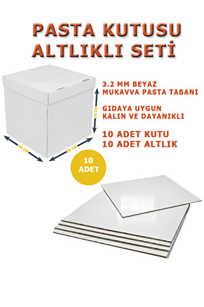 kutucum 30 x 30 x 20 PASTA KUTUSU VE ALTLIK SETİ 10 ADET BEYAZ OLUKLU MUKAVVA