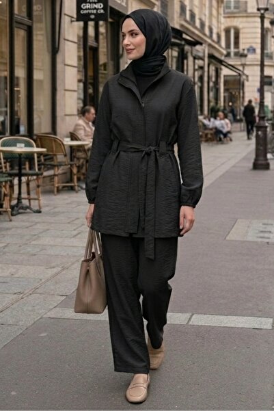 Bestenur Invisible Zipper Piece Belted Double Suit 1698 - Black