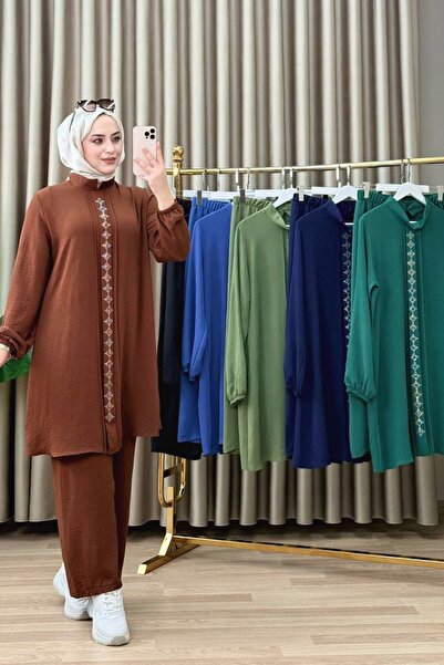 ALYA EMİRA TAKIM Aerobin Kumaş Kadın Kahverengi Taş Detaylı Pantolon Tunik 2'...