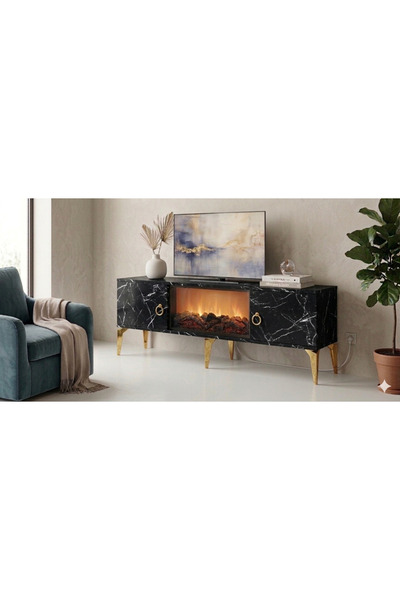 ÖZAYDIN HOME ELİTE TV SEHPASI ŞÖMİNELİ VE MÜZİK ÇALARLI (BLUETOOTH) SİYAH MER...