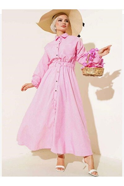 modasindoma Women's Metal Buttoned Striped Dress Pink