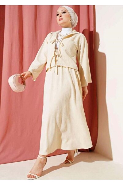 modasindoma Γυναικείο σετ δύο τεμαχίων με Λινό κορδόνια σε μπεζ χρώμα