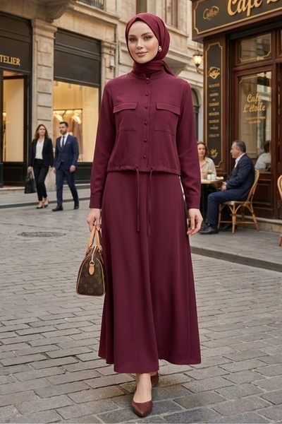 Bestenur Cover Pocketed Button Double Suit 1696 - Claret Red