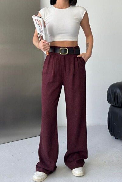 Thiff Women's High Waist Belt Detail Pleated Cotton Linen Palazzo Pants