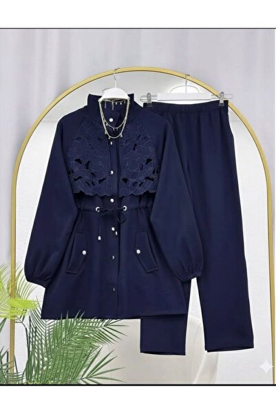 modasindoma طقم نسائي مكون من قطعتين قص بالليزر باللون الأزرق الداكن