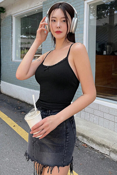 ROSAMİNA Women's Black Camisole Fabric Strap Lace and Bow Detail Blouse