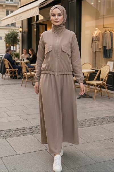 Bestenur Pocket Detail Zippered Double Set 1697 - Stone