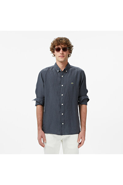 Lacoste Erkek Regular Fit Düğmeli Yaka Keten Koyu Gri Gömlek