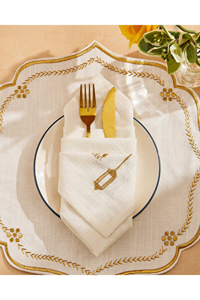 REDTAG طقم مناديل مطرّز باللون العاجي والذهبي، 4 قطع