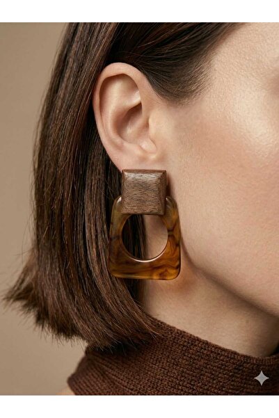 Zeraf Takı Zeraf Bohem Ahşap ve Kemik Detaylı Geometrik Kahverengi Kadın Küpe...