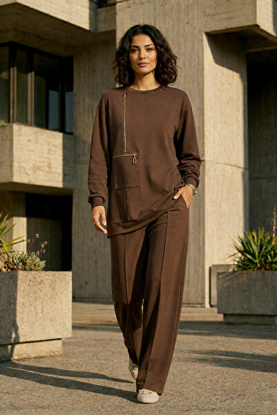 Nuss Zipper and Ribbed Detail Tunic Trousers Set 1077 Brown