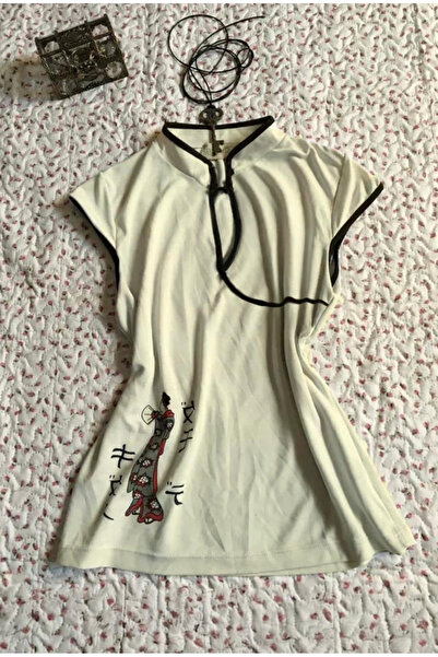 1blood Ecru Mandarin Collar Vintage Geisha Printed Y2K Short Sleeve Crop