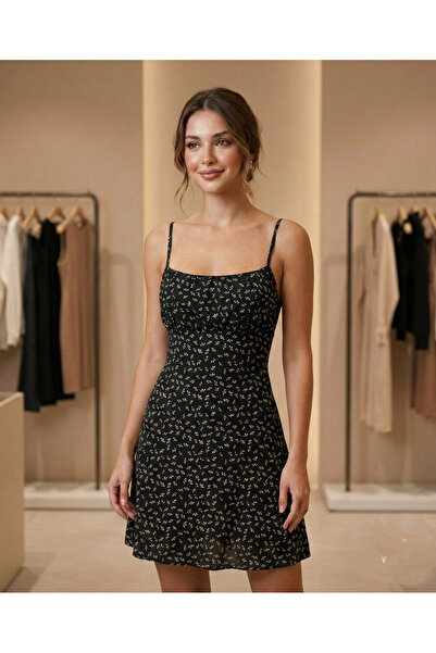 peralist Women's Black Floral Ruched Thread Strap Mini V Viscose Elastane Dress