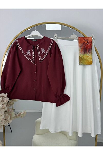 modasindoma Costum de damă cu guler brodat, roșu claret
