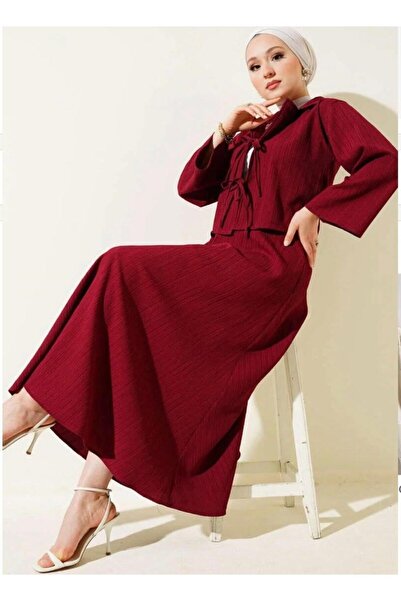 modasindoma Γυναικείο σετ δύο τεμαχίων με Λινό κορδόνια σε μπορντό χρώμα