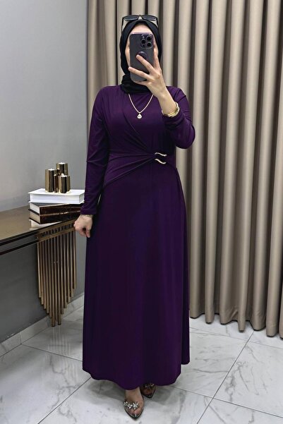 ALYA Hadise Elbise Mor Kadın Sandy Kumaş Bel Aksesuar Detaylı Rahat Kesim Elbise