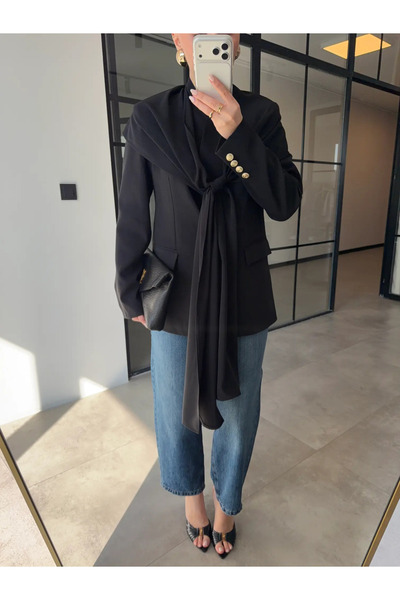 My Blog Black Shawl Collar Blazer Jacket with Gold Buttons - 9721