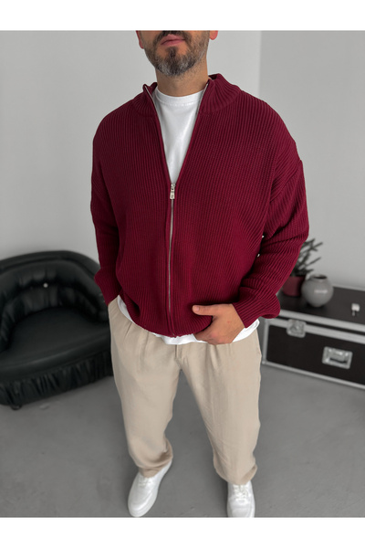BYBASICMAN Burgundi pletena odjeća sa rajsferšlusom Pleteno Kardigan JJ-181