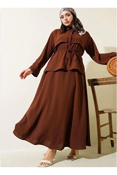 modasindoma Γυναικείο Σετ με Λεπτομερή Φούστα σε Καφέ Χρώμα