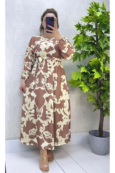 modasindoma Women's Patterned Bat Sleeve Dress Brown