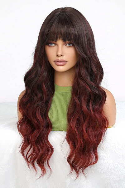 WildFashion Long wavy dark brown wig with red gradient, made of premium synth...
