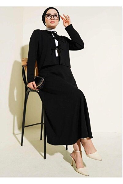 modasindoma Γυναικείο Σετ Φούστας με Δαντέλα στο Μπροστινό Μέρος, Μαύρο