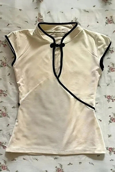 1blood Ecru Mandarin Collar Vintage Short Sleeve Cropped