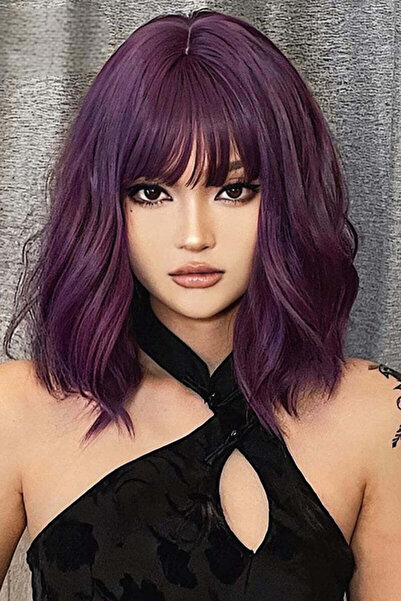 WildFashion Purple wavy medium bob wig with bangs - synthetic fiber, PER151-11