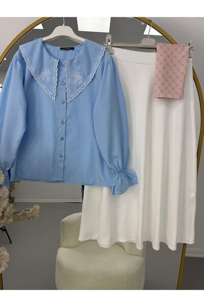 modasindoma Costum de damă cu guler brodat, albastru