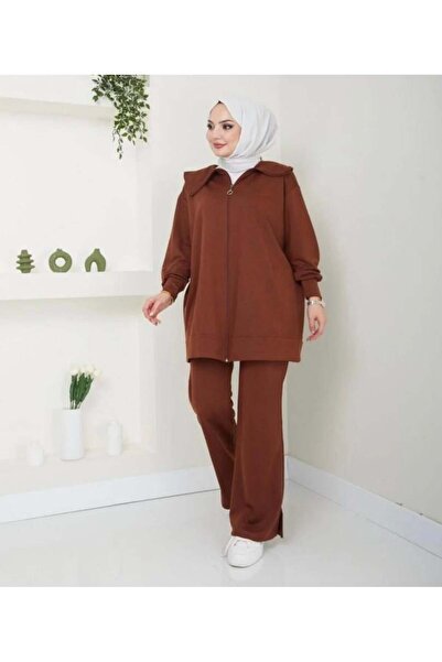 modasindoma Γυναικείο Σετ Φόρμας Γιακάς σάλι Τεμαχίων Καφέ