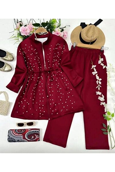 modasindoma Set de perle pentru femei, roșu claret