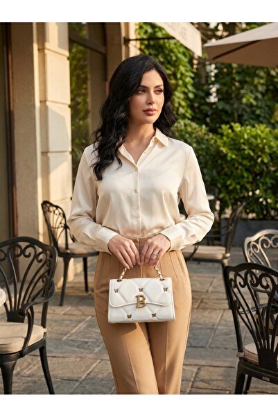 Finelook حقيبة كتف مبطّن من جلد الصناعي المبطن بشعار ذهبي على شكل حرف B وتفاص...