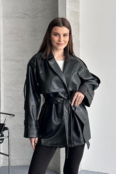 gm giyimarket New Season Women's Belted Leather Trench Coat
