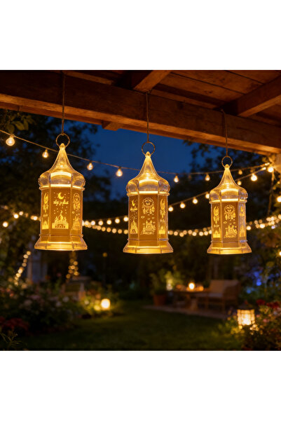 Goodern Eid Mubarak LED Lantern Lamp 3Pcs Hanging Ornament for Ramadan Decor