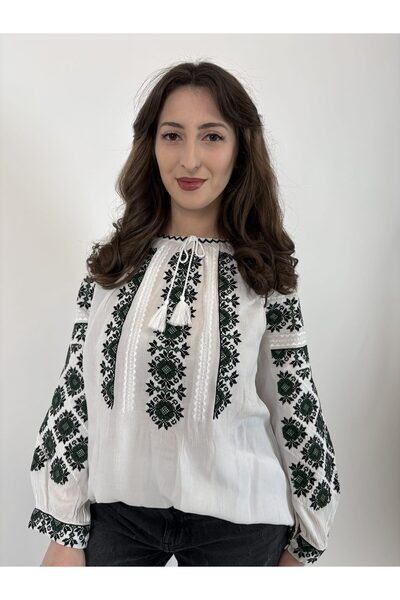 OEM Bluză tradițională pentru femei TM 2173 cu broderie neagră și verde închis