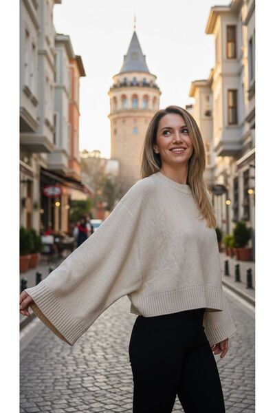 MELEK ARAZ Women's Stone Color Bat Sleeve Sweater