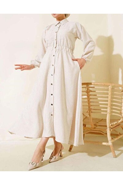 modasindoma Women's Metal Buttoned Striped Dress Beige