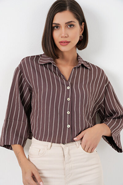 Bigdart Women's Striped Oversized Short Shirt 20326 - Brown