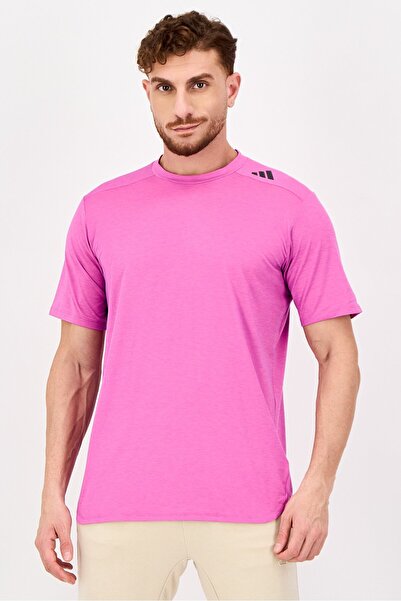 adidas تي شيرت رجالي للتدريب بأكمام قصيرة وقصة ضيقة، وردي غامق