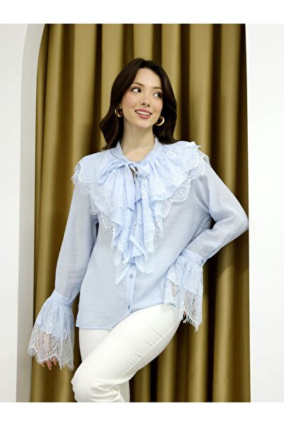 Coral 34512 Blue Shirt with Sleeves and Front Panel in Lace Pieces