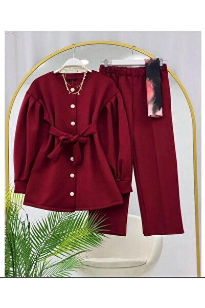 modasindoma Costum de damă cu curea, din două piese, cu pliuri Vino Burgundy