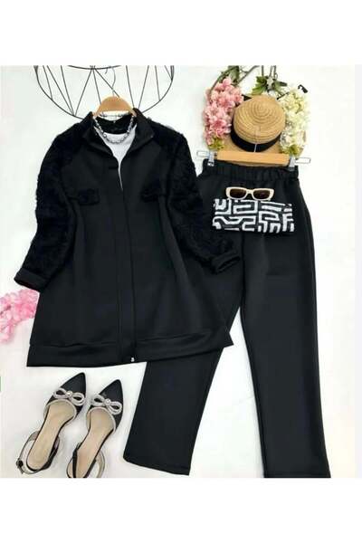 modasindoma Women's Sleeve Tulle Detail Tracksuit Set Black