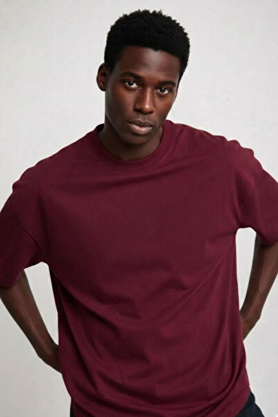 COMBİNE MİCHAİL Erkek Kısa Kol Yazlık Bordo Oversize Tişört