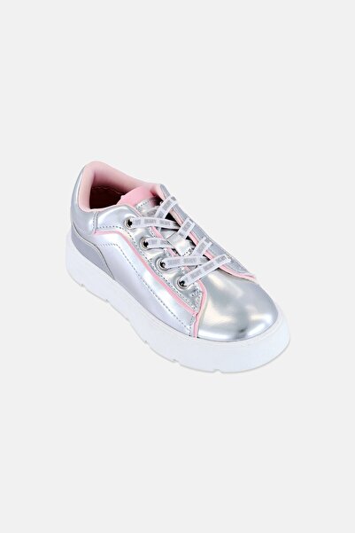 Dkny Kids Girl Brooke Glitter Brand Logo Lace Up Shoes, Silver