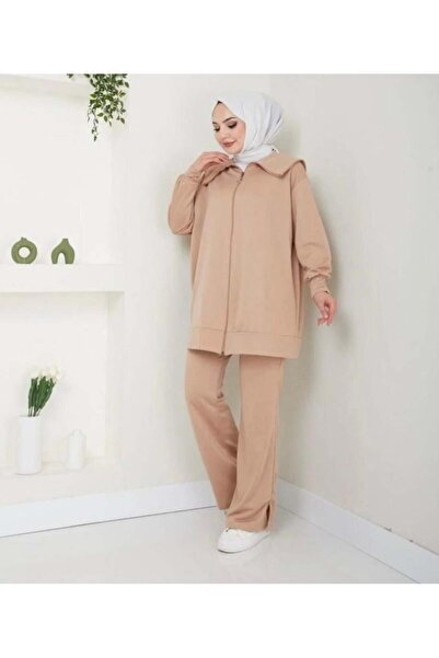 modasindoma Γυναικείο Σετ Φόρμας Γιακάς σάλι Τεμαχίων Μπεζ