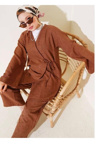 modasindoma Γυναικείο σετ κιμονό με κορδόνια σε καφέ χρώμα