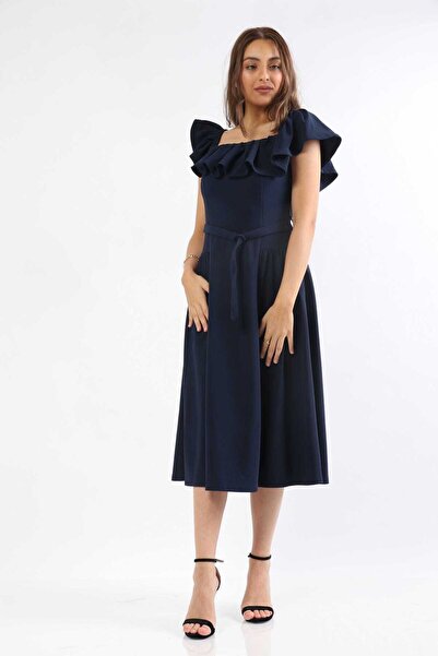 mica Off-shoulder midi dress with waist belt